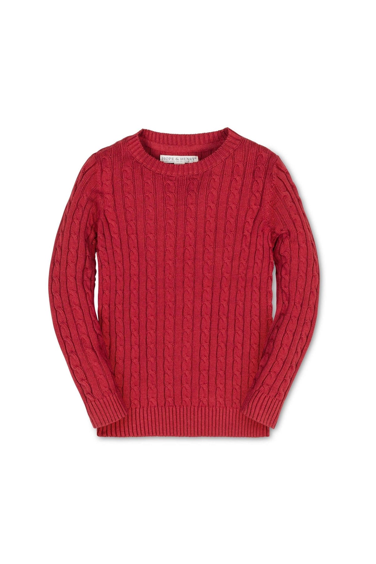 A solid red cable knit crewneck sweater with ribbed trim, made from organic cotton, suitable for boys aged 2-16.