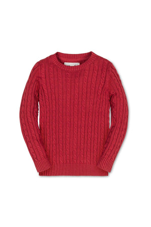A solid red cable knit crewneck sweater with ribbed trim, made from organic cotton, suitable for boys aged 2-16.