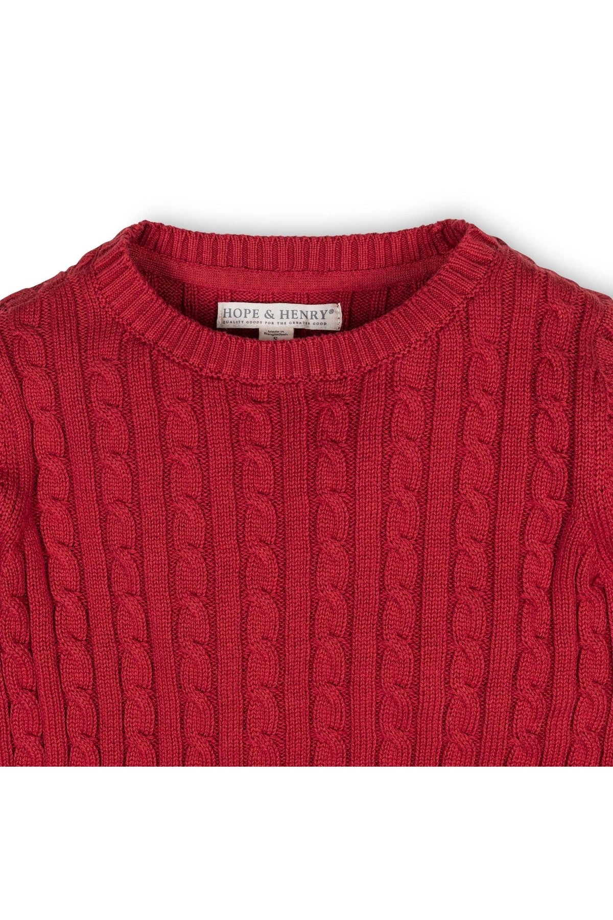 Close-up of a red cable knit crewneck sweater by Hope & Henry, featuring a ribbed neckline and soft organic cotton.