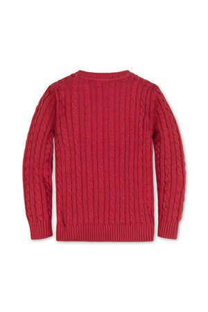 Back view of a red cable knit sweater for boys, featuring ribbed trim and made from soft organic cotton.