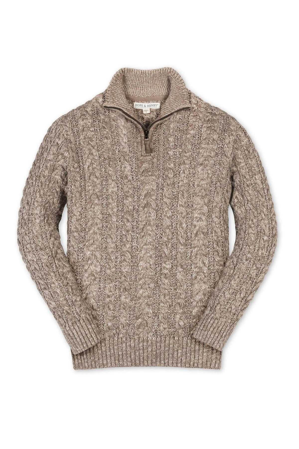 A taupe marl cable knit sweater with a half zip and ribbed mock neck, made from organic cotton for boys.