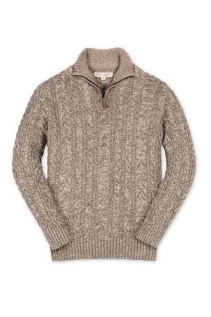 A taupe marl cable knit sweater with a half zip and ribbed mock neck, made from organic cotton for boys.