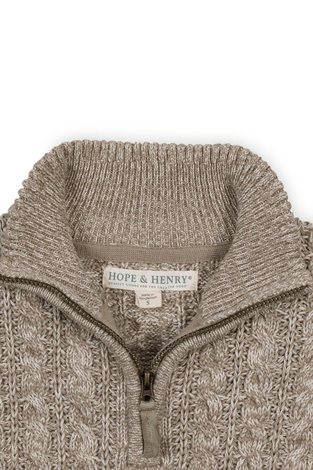 Close-up of a taupe marl cable knit half zip sweater by Hope & Henry, featuring a rib knit mock neck.