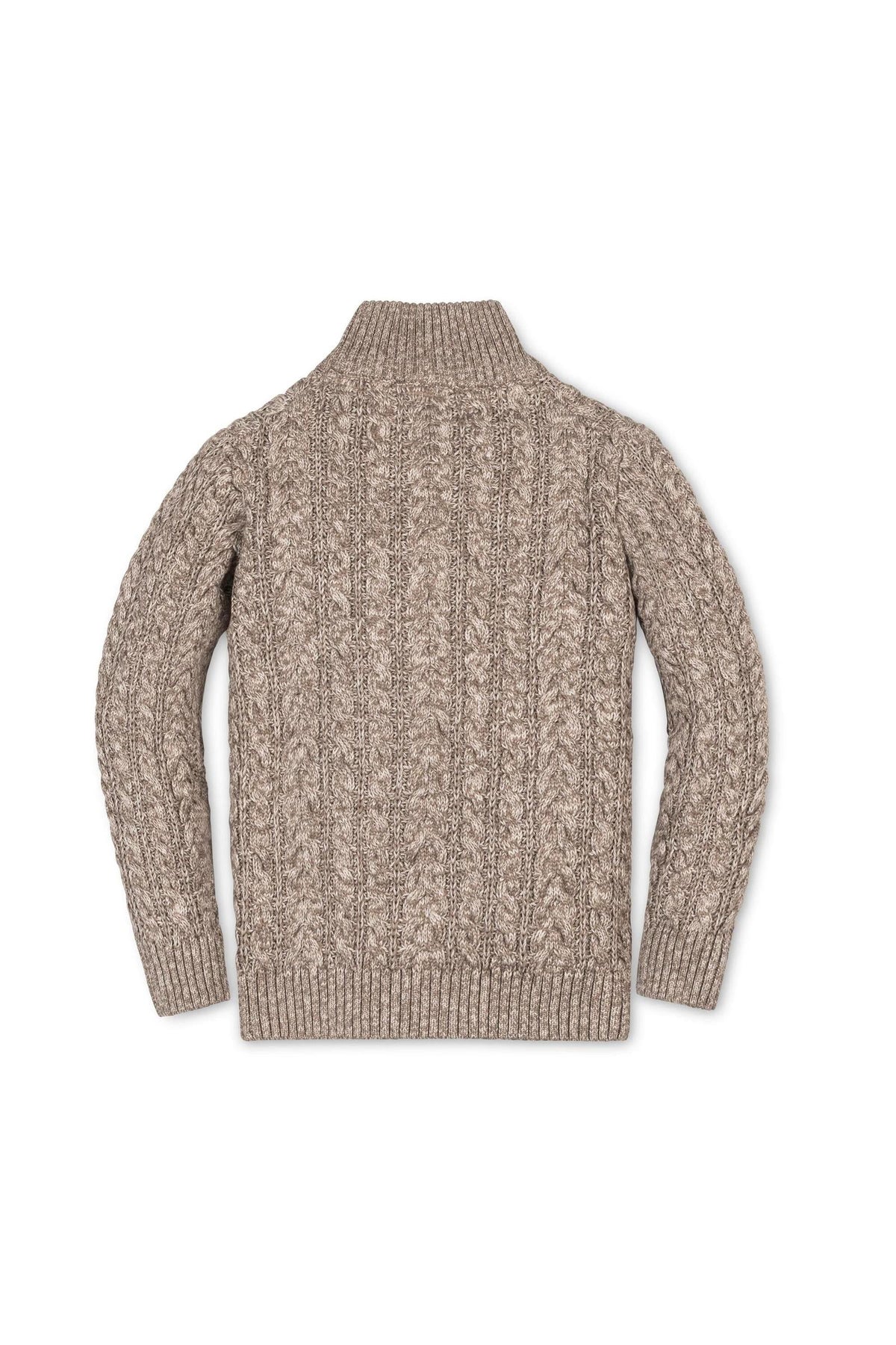 Back view of a taupe marl cable knit sweater with ribbed mock neck and sleeves, made from soft organic cotton.