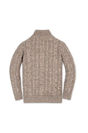 Back view of a taupe marl cable knit sweater with ribbed mock neck and sleeves, made from soft organic cotton.