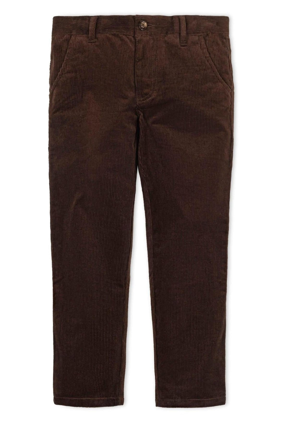 Chocolate brown organic cotton stretch corduroy pants with a straight leg design, featuring a zip fly and faux horn button.
