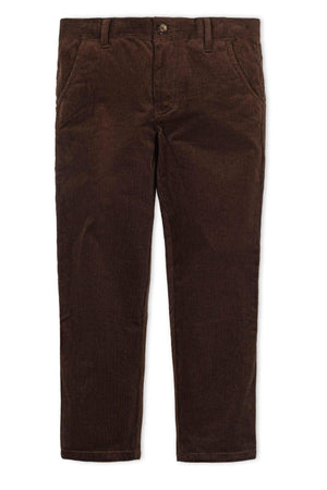 Chocolate brown organic cotton stretch corduroy pants with a straight leg design, featuring a zip fly and faux horn button.