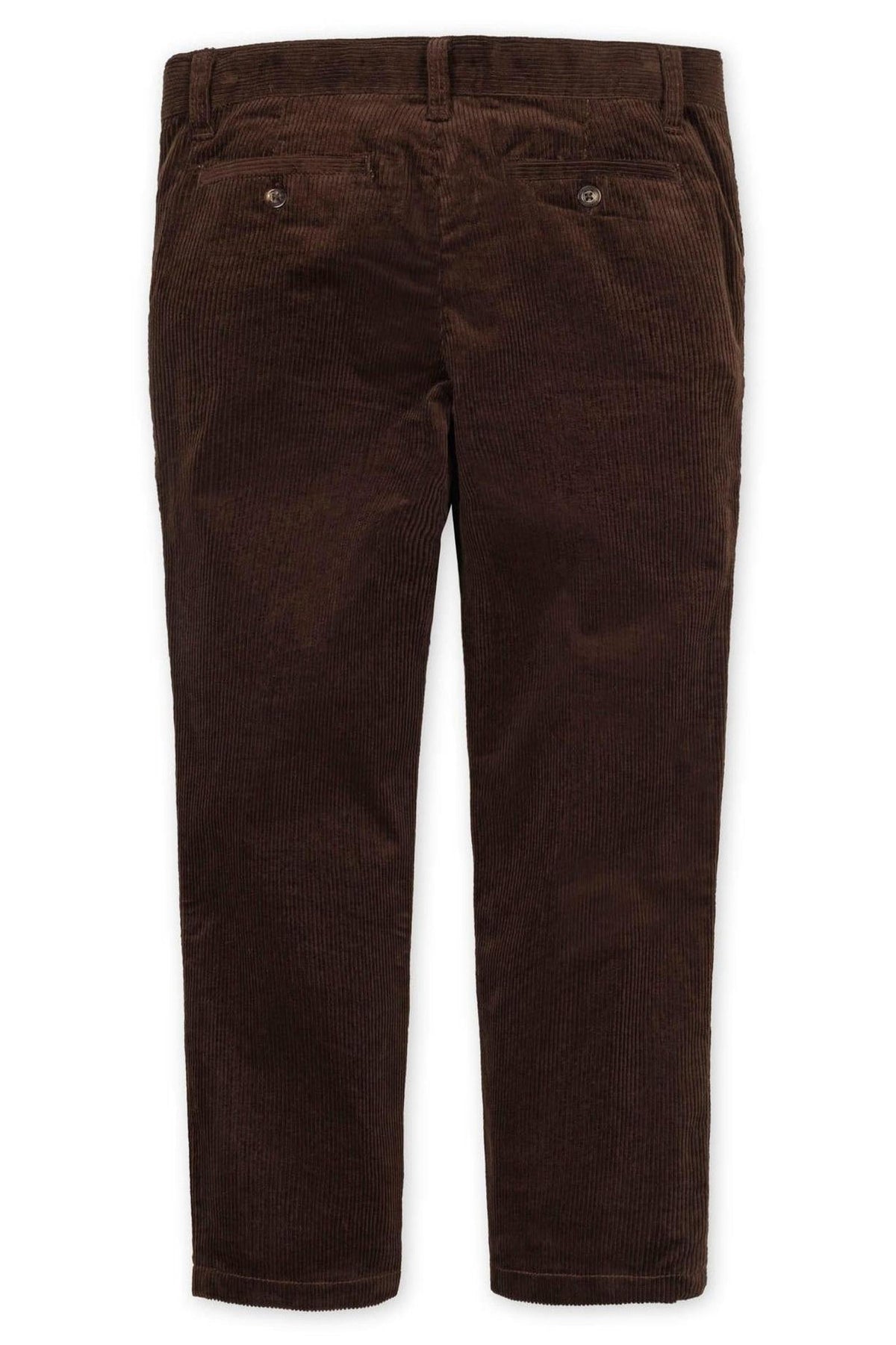 Back view of chocolate brown organic cotton stretch corduroy pants with a straight leg and buttoned pockets.