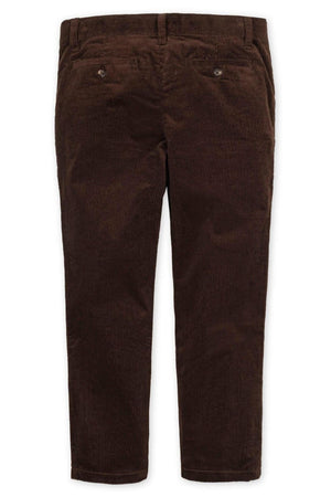 Back view of chocolate brown organic cotton stretch corduroy pants with a straight leg and buttoned pockets.