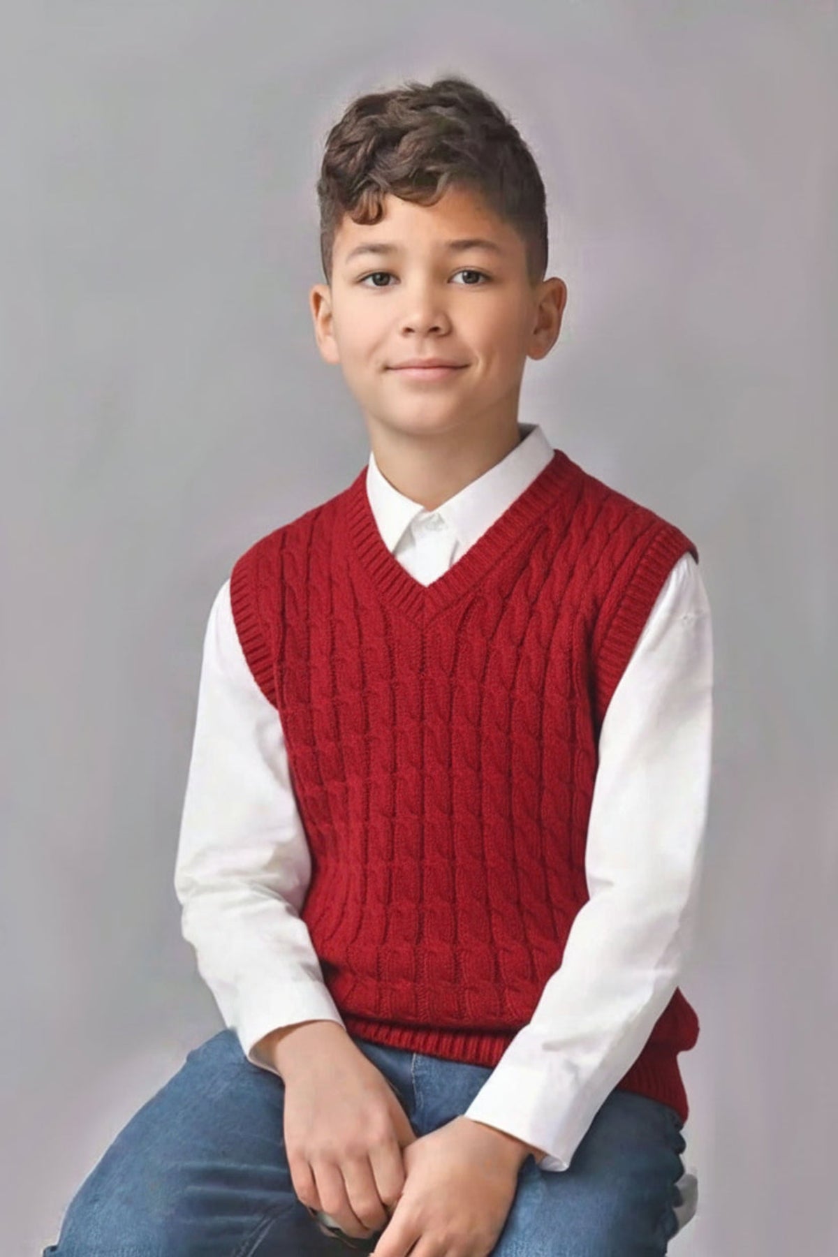 A boy sits wearing a red cable knit sweater vest over a white shirt, smiling against a neutral background.