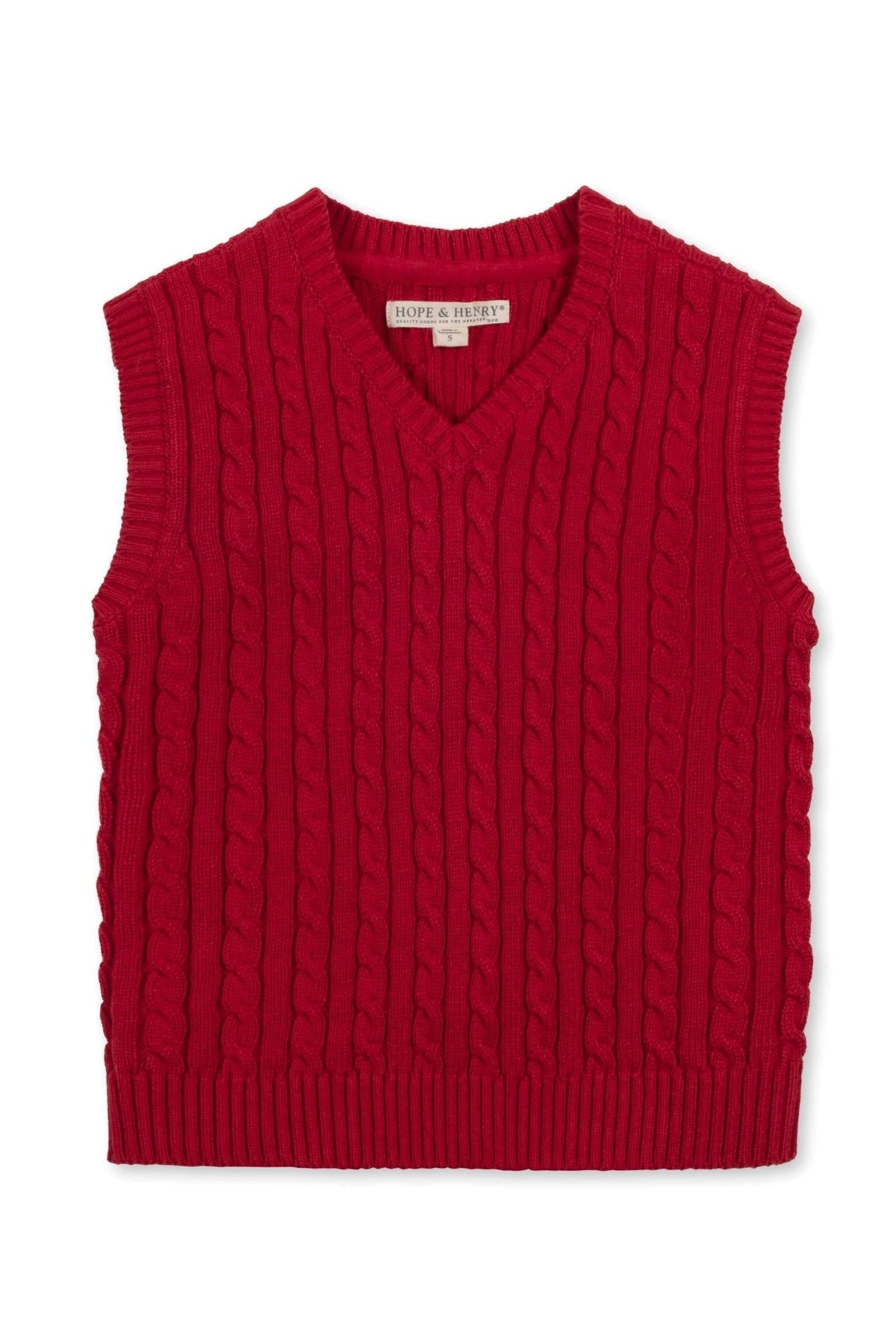 A vibrant red cable knit sweater vest by Hope & Henry, made from soft organic cotton, featuring a classic v-neck.