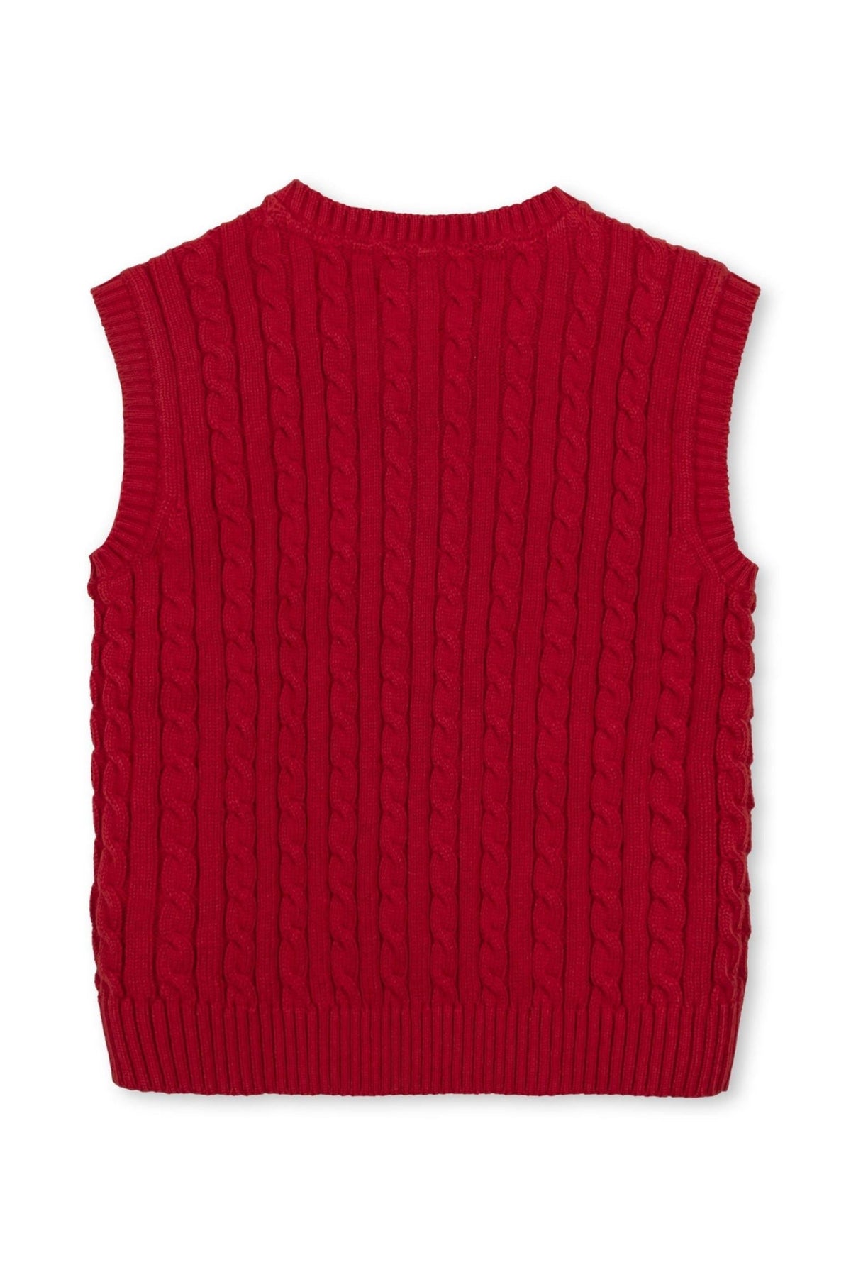 Red organic cotton cable knit sweater vest with a classic v-neck design, featuring textured ribbing and sleeveless styling.