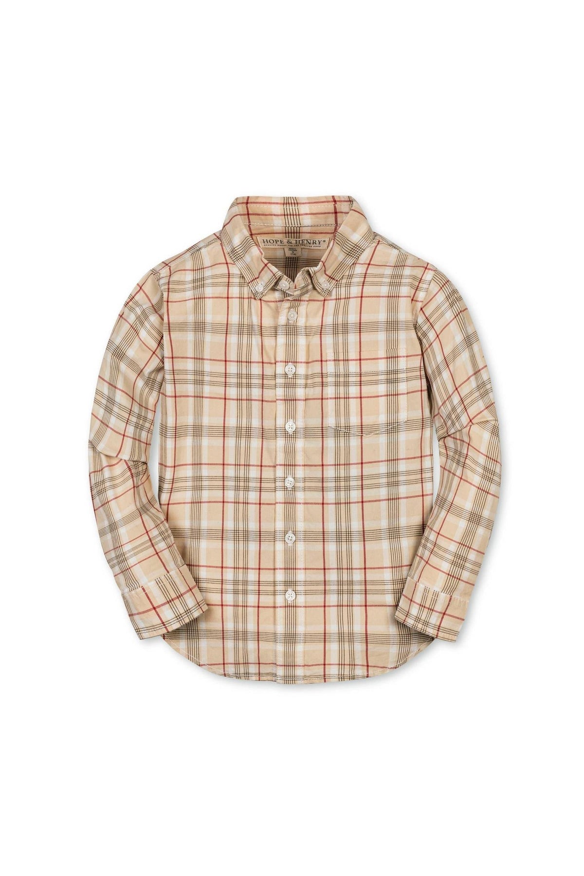 Long sleeve button-down shirt in a warm, fireside plaid pattern featuring shades of beige, red, and brown.