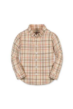 Long sleeve button-down shirt in a warm, fireside plaid pattern featuring shades of beige, red, and brown.