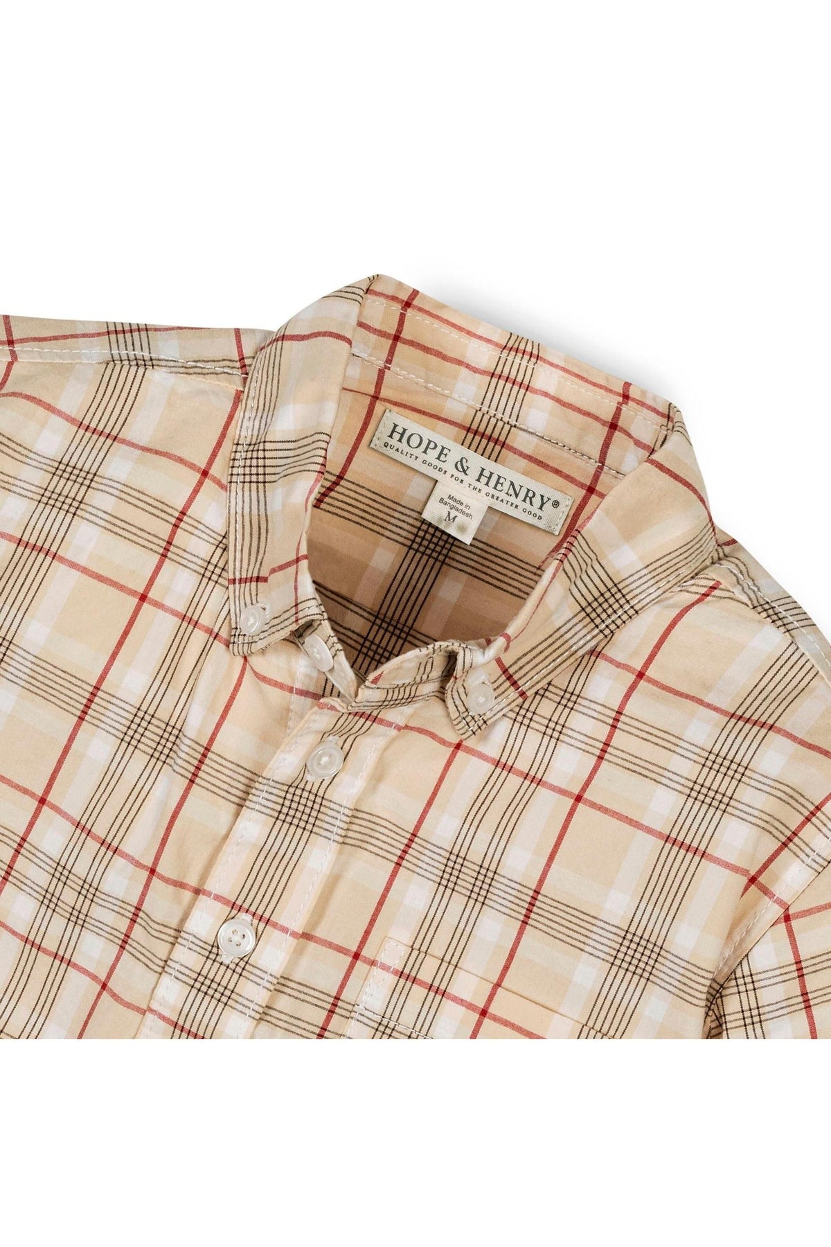 Close-up of a Hope & Henry plaid shirt featuring beige and red tones, made from soft organic cotton with button.