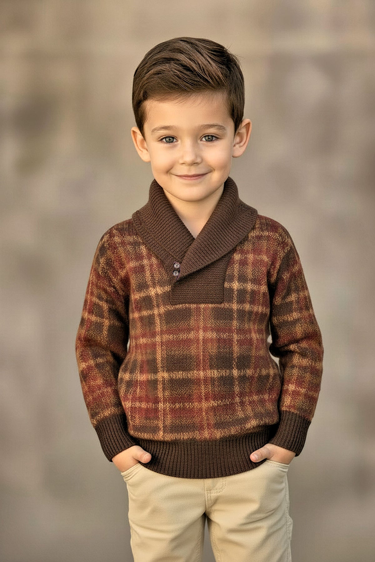 A young boy wearing a brown plaid shawl collar sweater with button details, hands in pockets, smiles warmly.