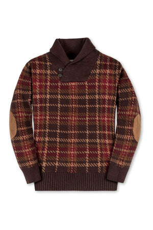 Brown plaid sweater with a shawl collar, button closure, and faux suede elbow patches, made from organic cotton.