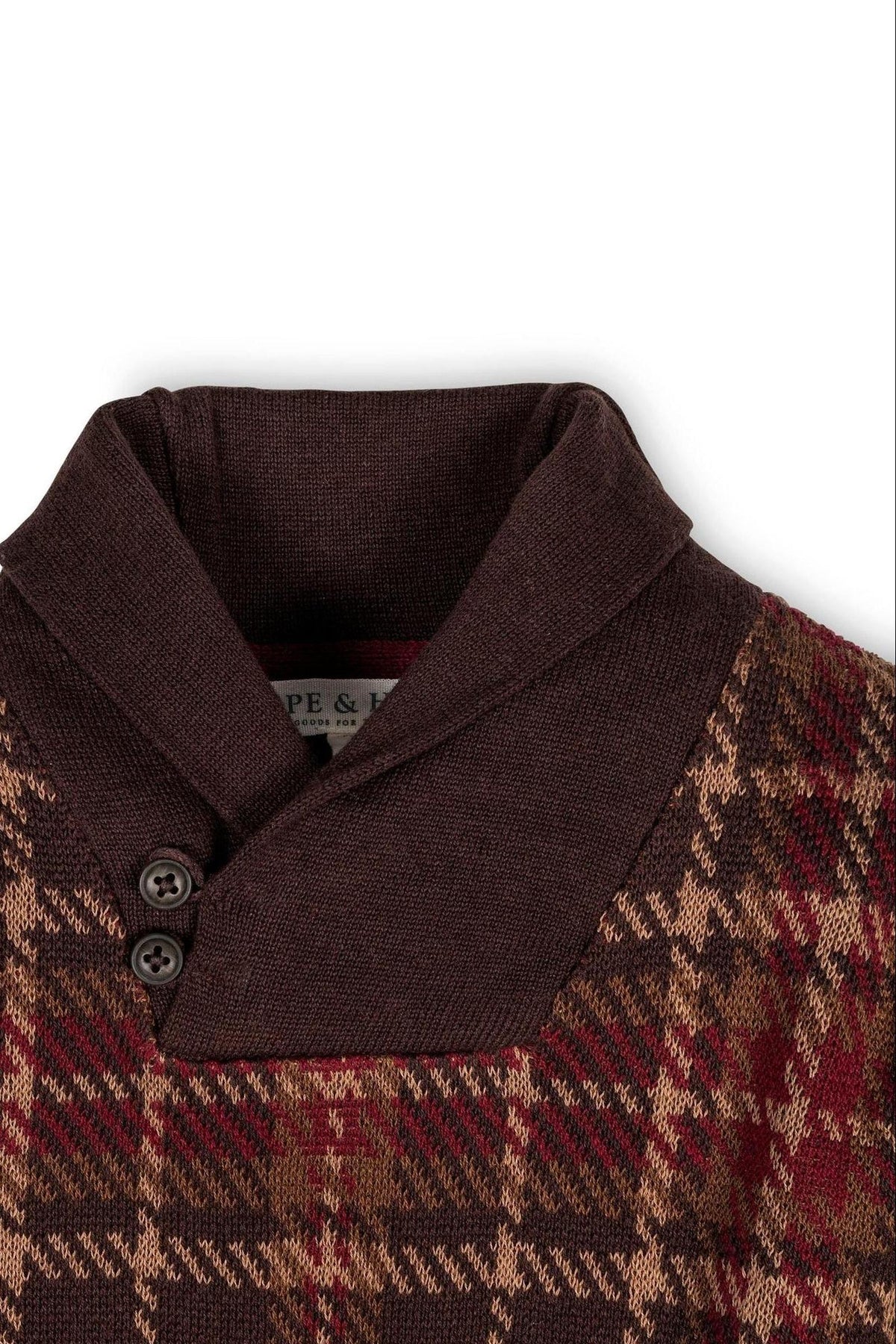 Brown plaid shawl collar sweater with button closure, featuring an organic cotton knit and classic design.