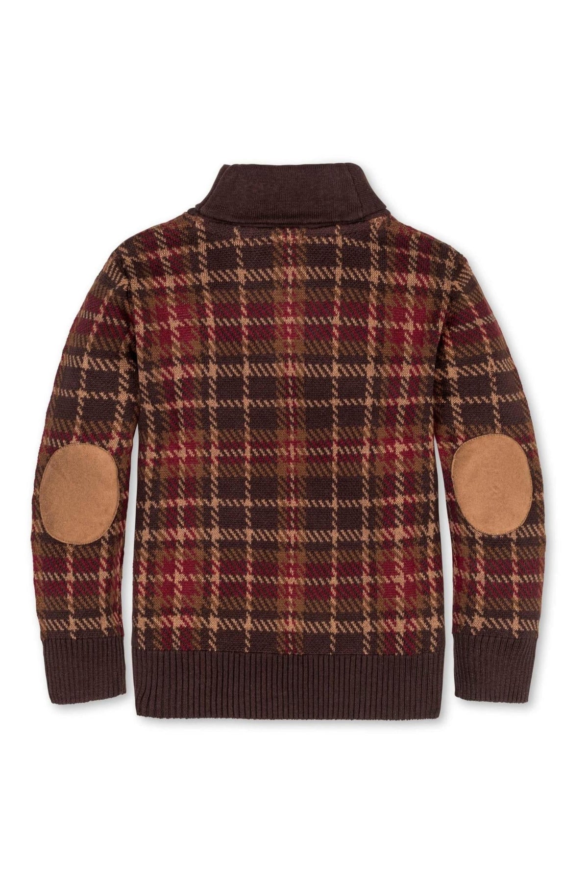 Brown plaid shawl collar sweater with faux suede elbow patches, made from organic cotton for boys.