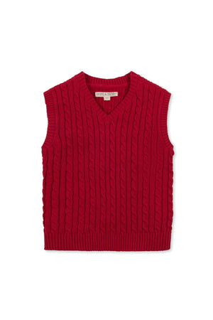 A vibrant red cable-knit sweater vest with a v-neck design, made from soft organic cotton, suitable for boys aged 4T-18.