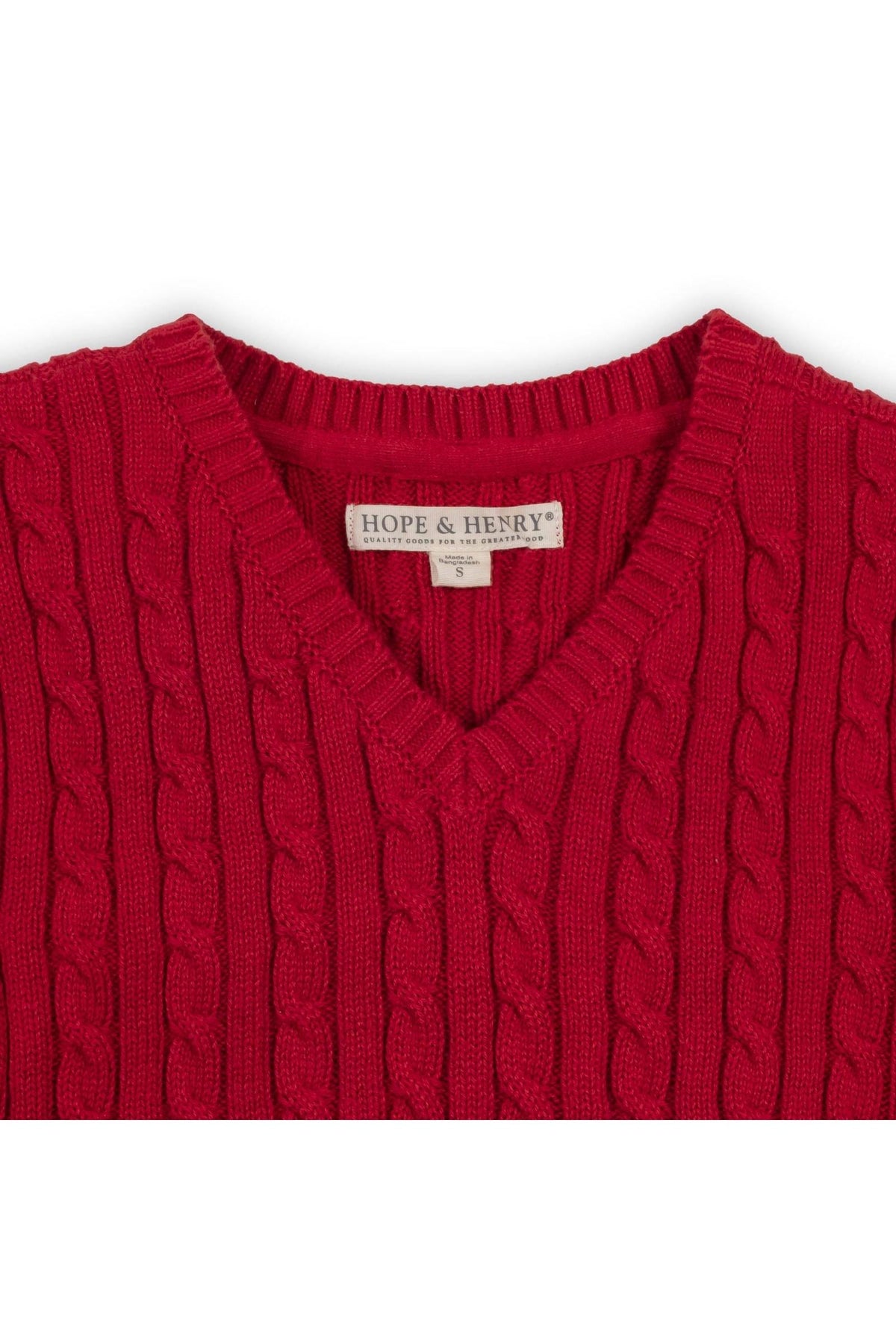Red cable-knit sweater vest from Hope & Henry, featuring a classic v-neck design, made from soft organic cotton.