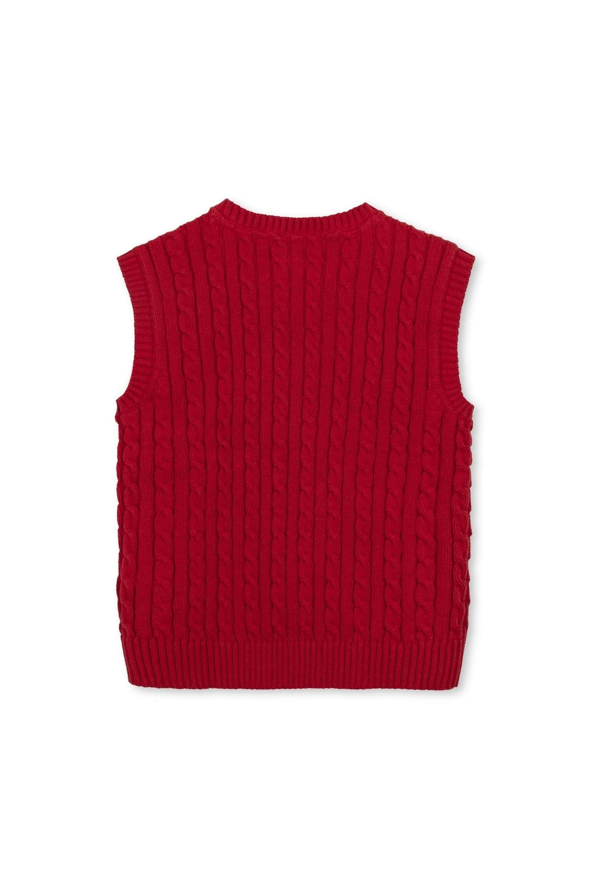 Red cable knit sweater vest with a classic v-neck design, made from 100% organic cotton for boys sizes 4T-18.