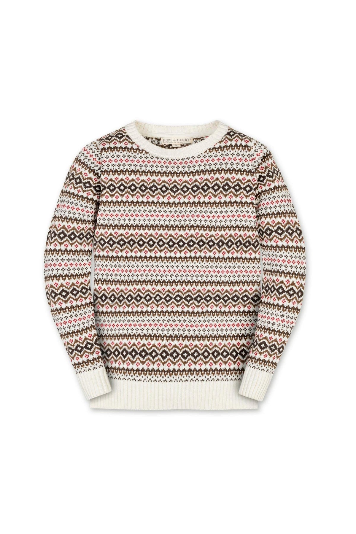 Ivory crew neck sweater featuring a colorful Fair Isle intarsia pattern. Crafted from soft organic cotton, this stylish piece is suitable for children and offers warmth and comfort.
