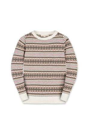 Ivory crew neck sweater featuring a colorful Fair Isle intarsia pattern. Crafted from soft organic cotton, this stylish piece is suitable for children and offers warmth and comfort.