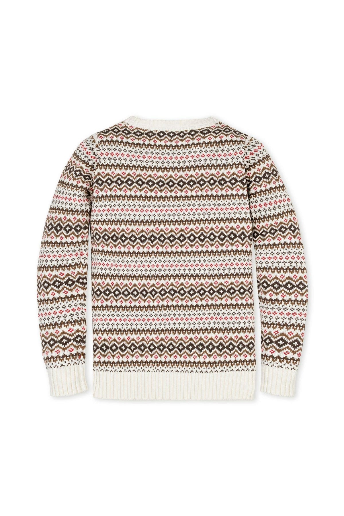 Back view of the Hope & Henry Organic Cotton Intarsia Crew Neck Sweater featuring a Fair Isle pattern in ivory, red, and green hues, showcasing its soft, sustainable fabric.