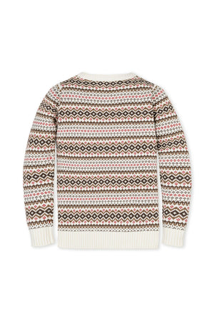 Back view of the Hope & Henry Organic Cotton Intarsia Crew Neck Sweater featuring a Fair Isle pattern in ivory, red, and green hues, showcasing its soft, sustainable fabric.