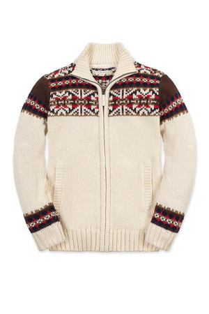 Ivory full zip mock neck sweater with Fair Isle pattern, featuring ribbed neckline and front pockets, designed for boys.