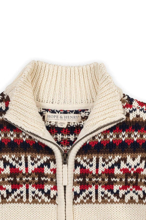 Close-up of a Hope & Henry organic cotton mock neck sweater featuring a full zip, Fair Isle design, and ribbed.