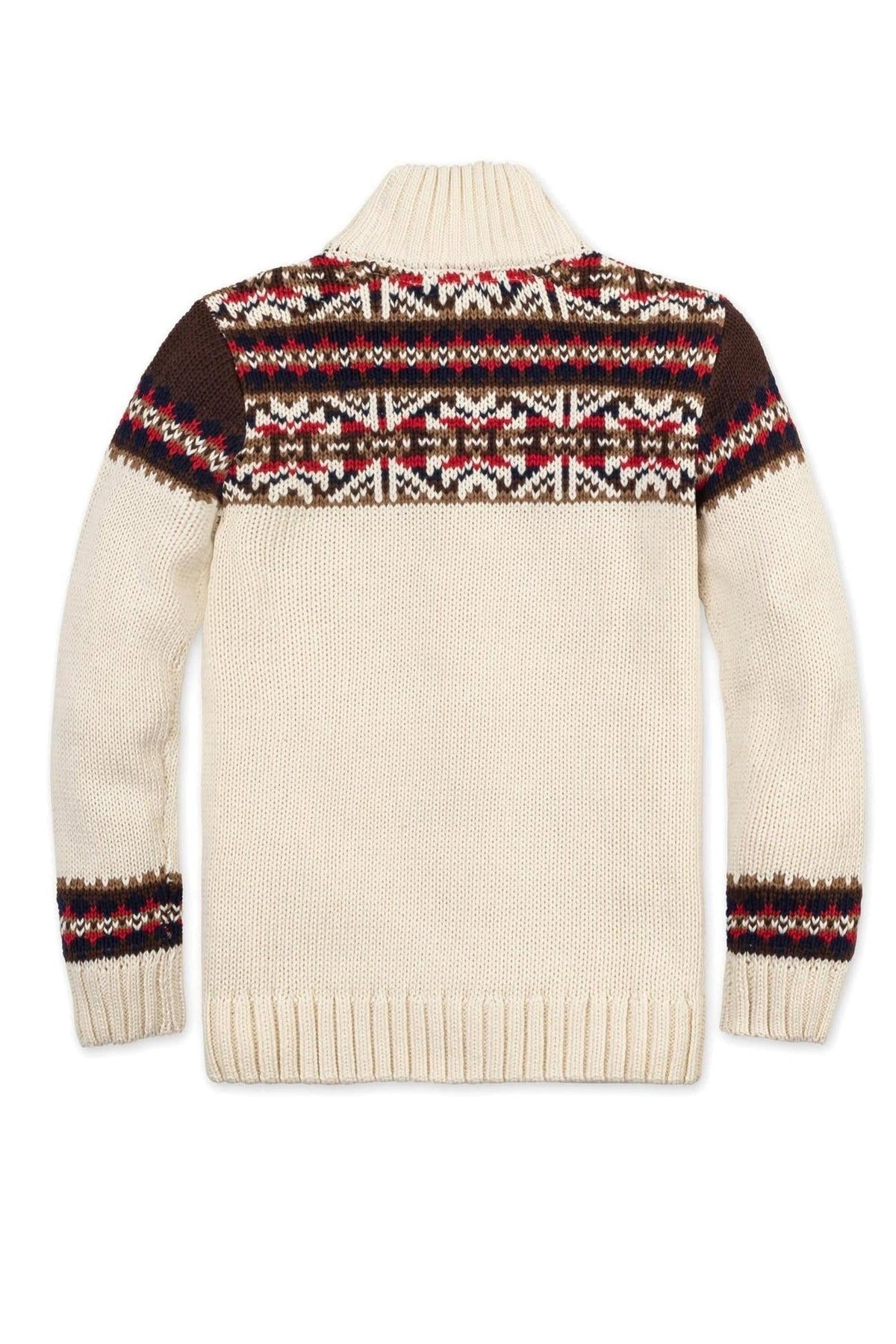 Back view of an ivory mock neck sweater featuring Fair Isle patterns in brown, red, and blue, made from organic.