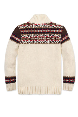Back view of an ivory mock neck sweater featuring Fair Isle patterns in brown, red, and blue, made from organic.