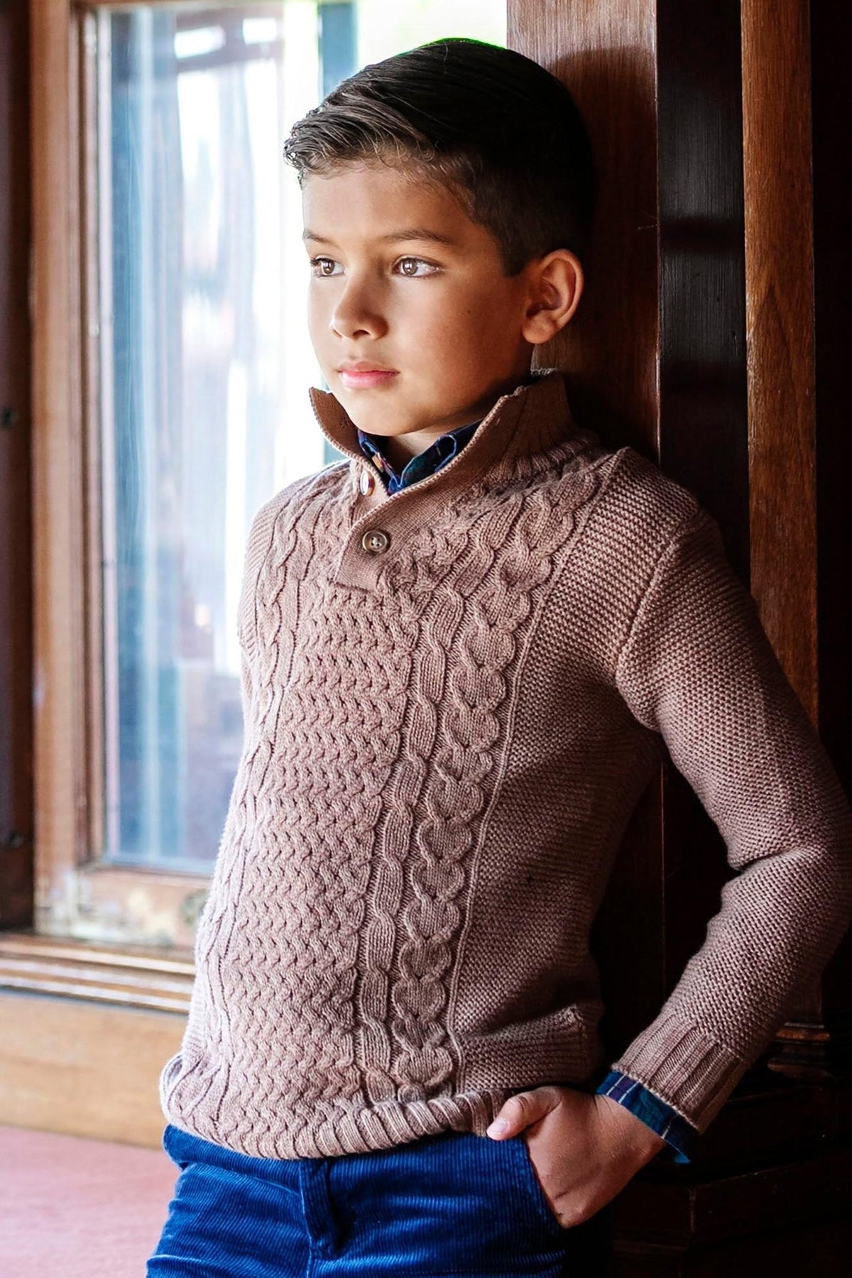 Organic Cotton Mock Neck Cable Sweater
