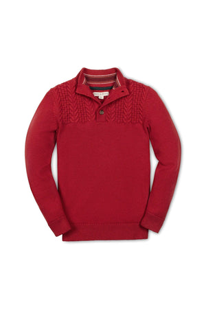 A rich red mock neck sweater with a textured knit pattern, featuring a short button placket and long sleeves.