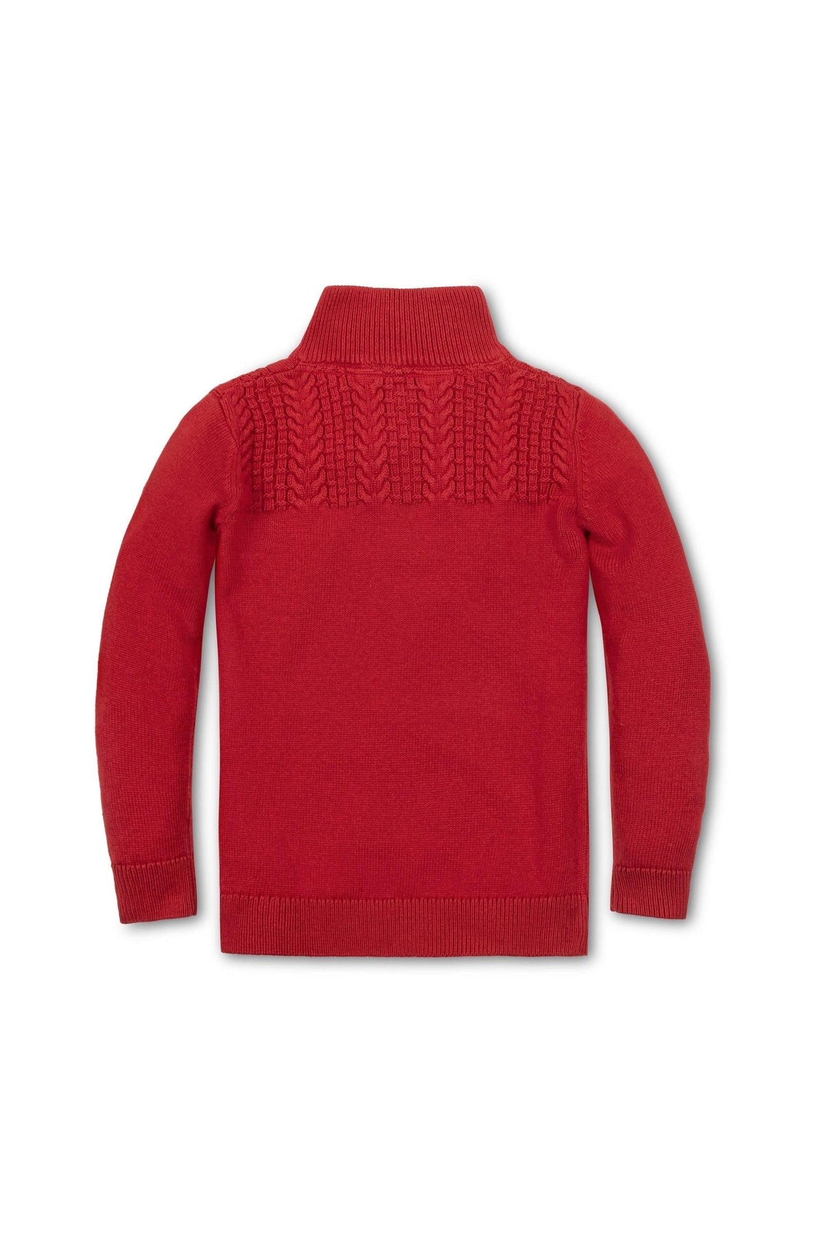 Back view of a rich red mock neck sweater featuring a textured knit pattern on the upper back and long.