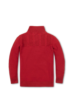 Back view of a rich red mock neck sweater featuring a textured knit pattern on the upper back and long.