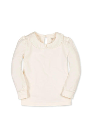 Ivory long-sleeve knit top featuring a woven Peter Pan collar and a back keyhole neck closure, made of organic cotton.