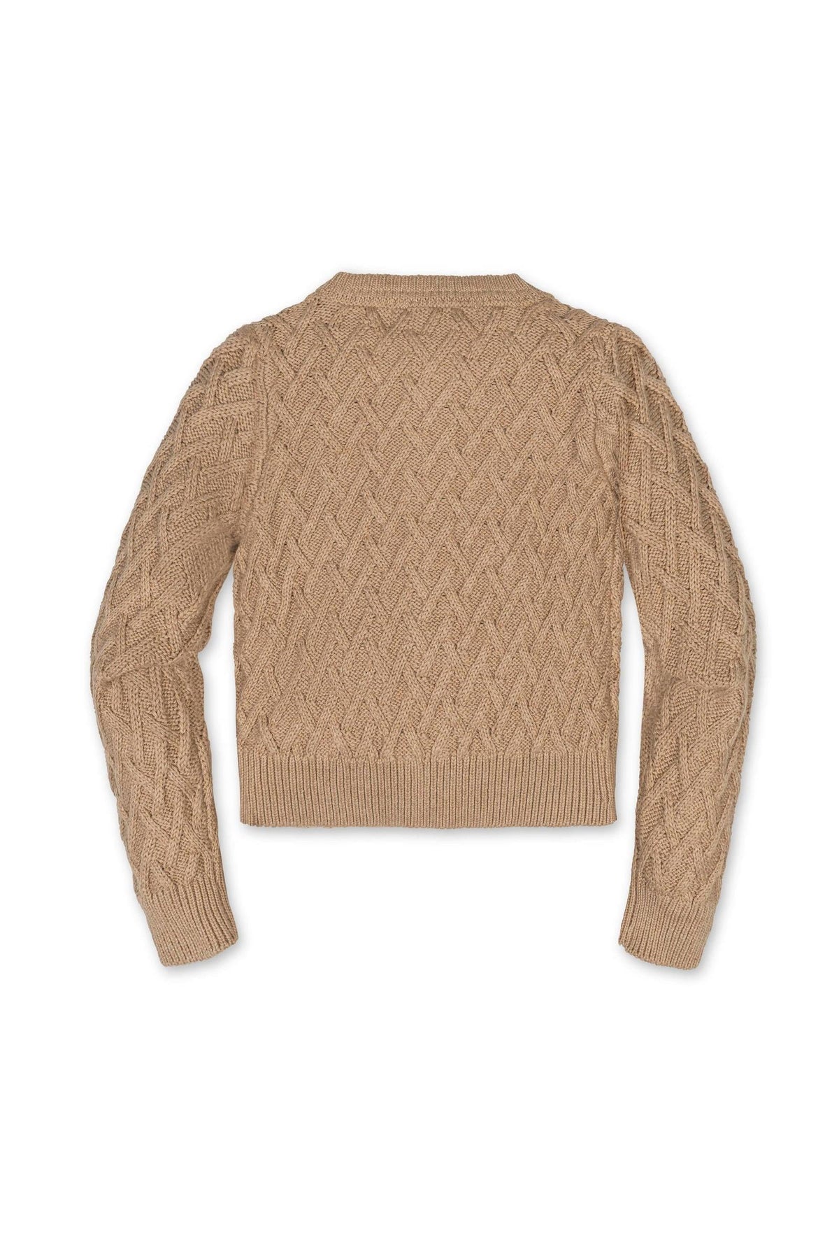 Back view of a camel-colored cardigan featuring a herringbone cable knit pattern. The soft organic cotton fabric is designed for girls, making it a stylish and sustainable wardrobe staple.