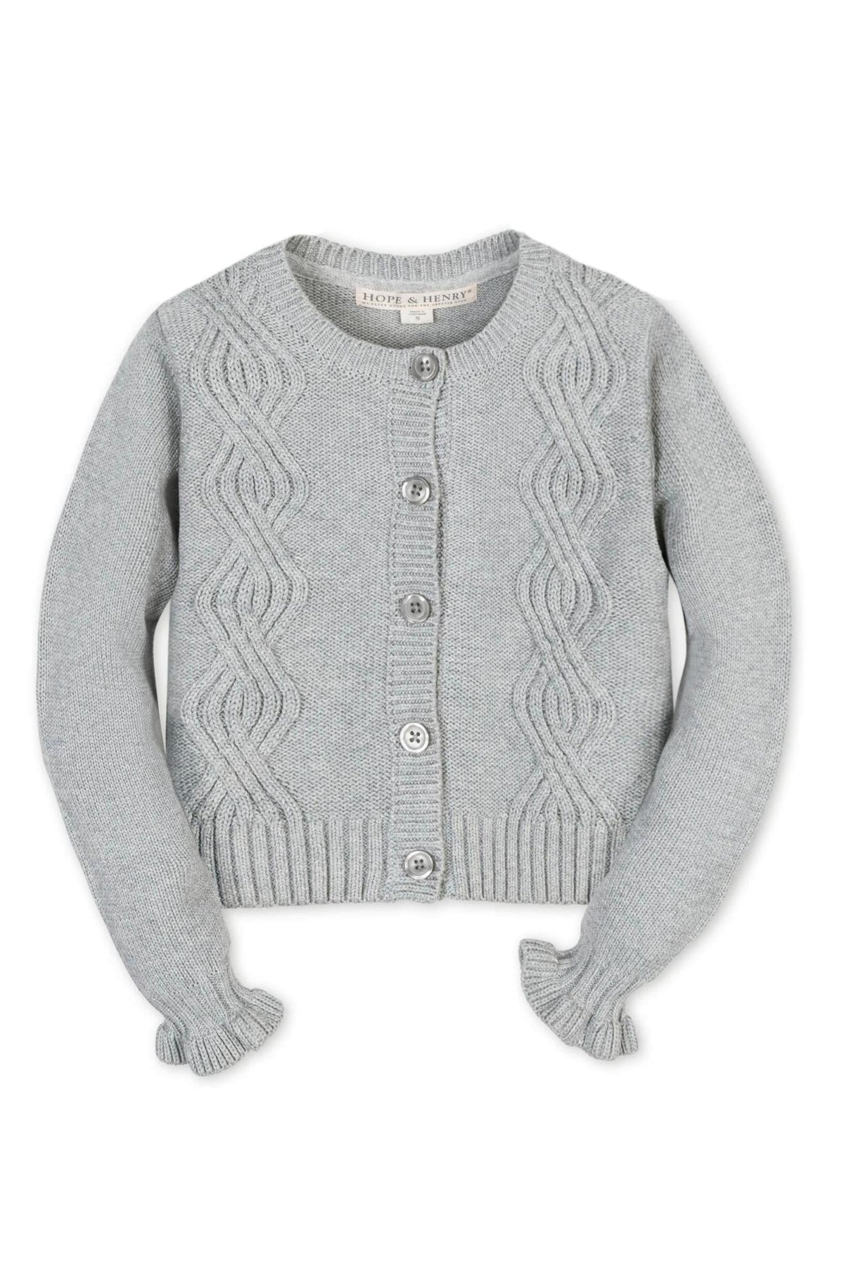 Gray cable knit cardigan featuring ruffle cuffs and button closure, crafted from 100% organic cotton for toddlers and kids.