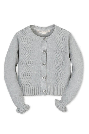 Gray cable knit cardigan featuring ruffle cuffs and button closure, crafted from 100% organic cotton for toddlers and kids.