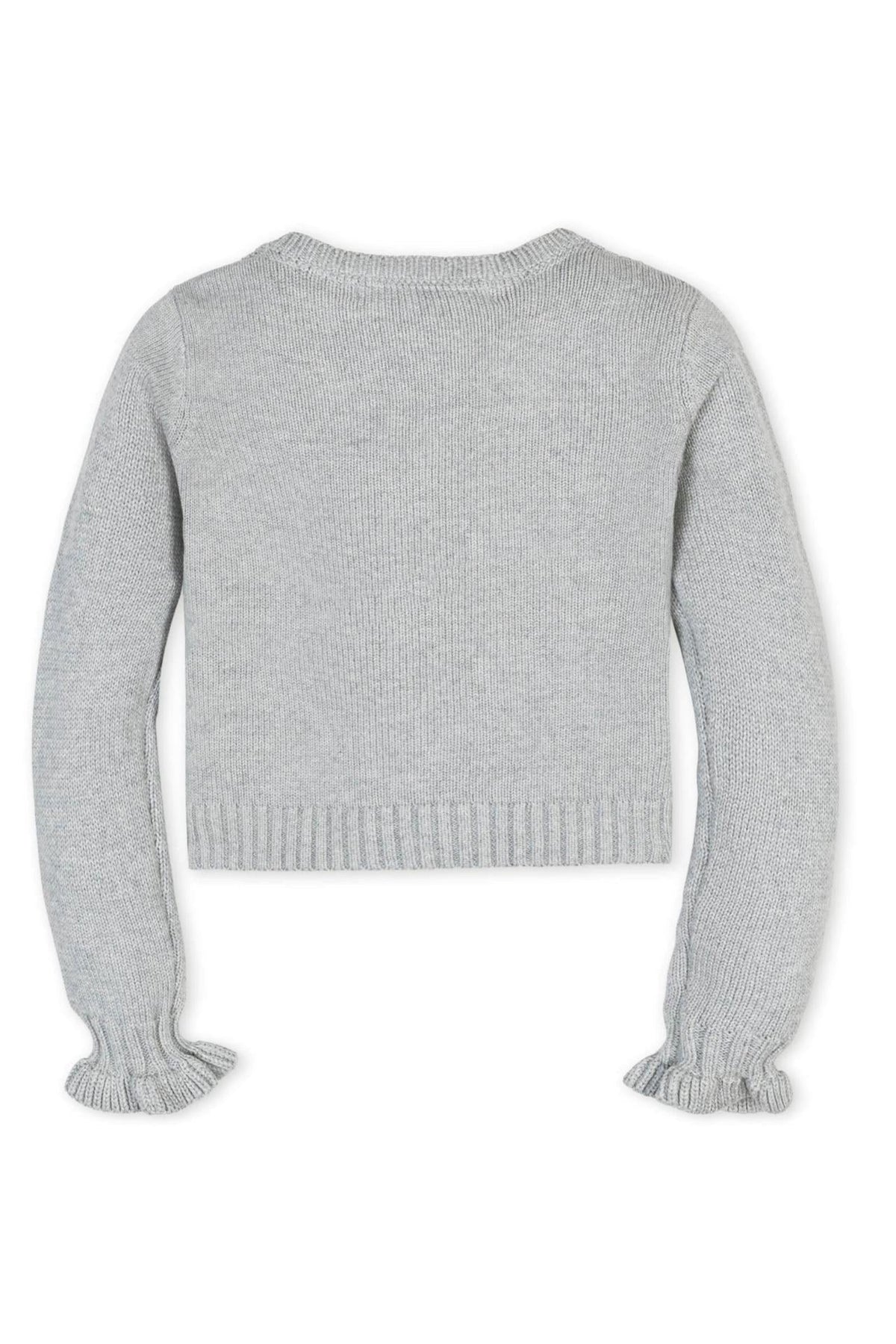 Back view of a gray organic cotton cardigan featuring ruffle cuffs and a cropped design, ideal for toddlers and kids.