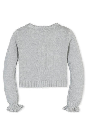 Back view of a gray organic cotton cardigan featuring ruffle cuffs and a cropped design, ideal for toddlers and kids.