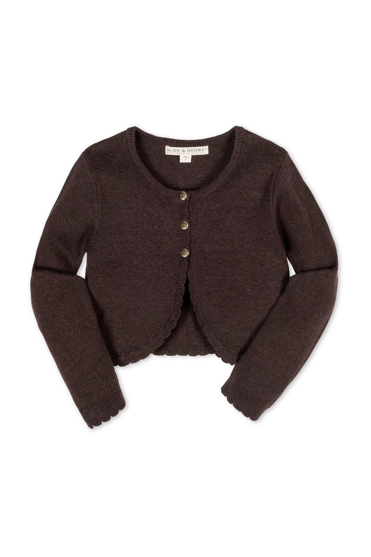 Chocolate brown cropped cardigan by Hope & Henry, featuring scalloped edges and button closure, made from organic cotton.