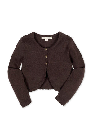 Chocolate brown cropped cardigan by Hope & Henry, featuring scalloped edges and button closure, made from organic cotton.