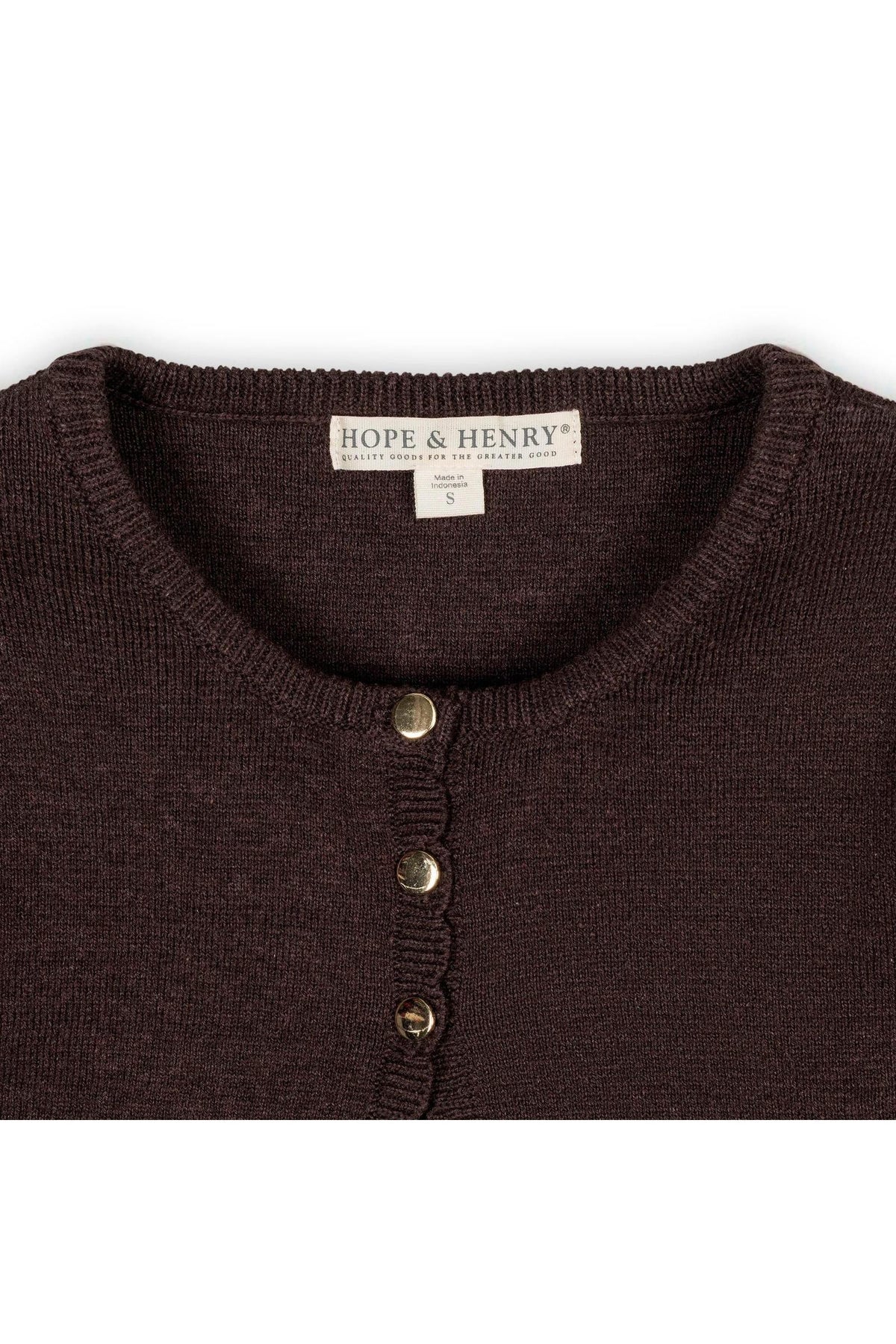 Close-up of a chocolate brown Hope & Henry cardigan featuring a round neckline and three gold button closures.