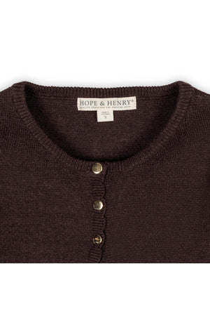Close-up of a chocolate brown Hope & Henry cardigan featuring a round neckline and three gold button closures.