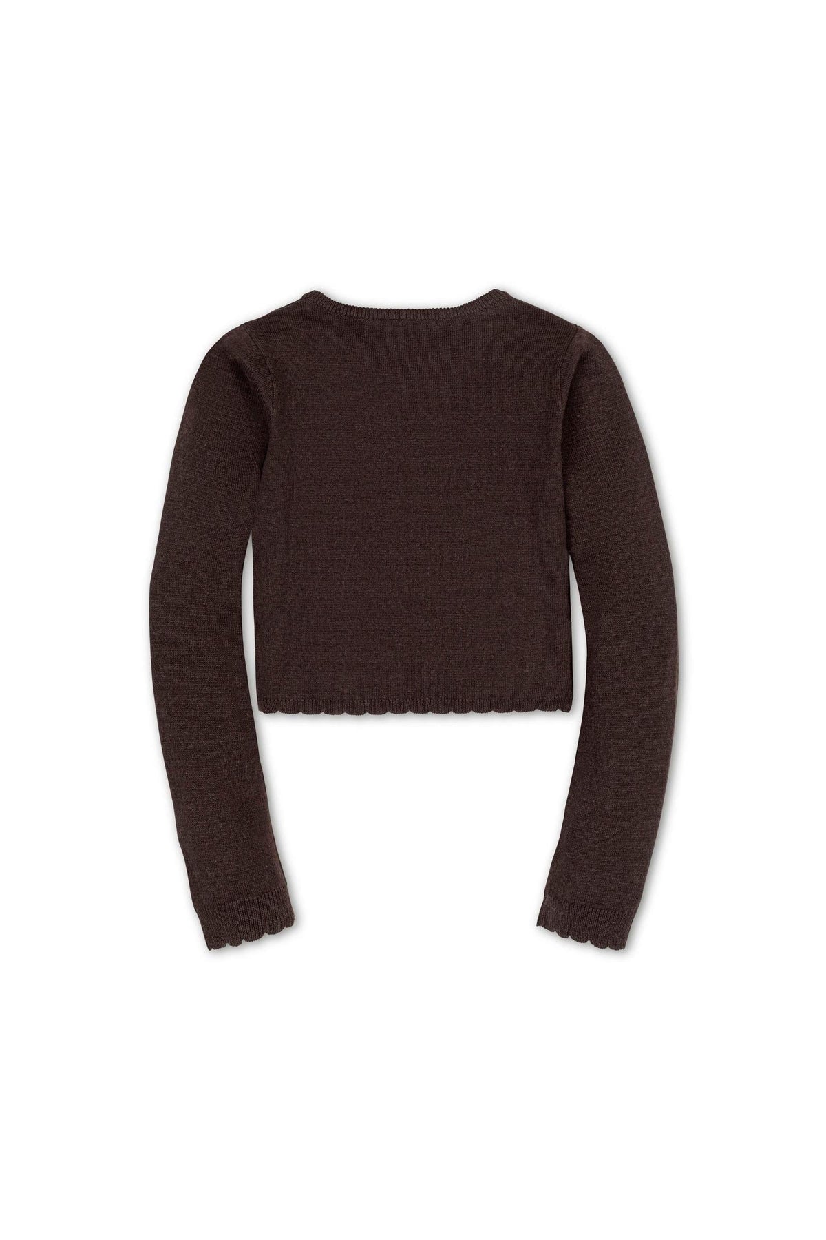 Back view of a cropped chocolate brown cardigan with long sleeves and scallop edge trim, made from soft organic cotton.