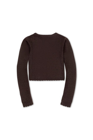 Back view of a cropped chocolate brown cardigan with long sleeves and scallop edge trim, made from soft organic cotton.